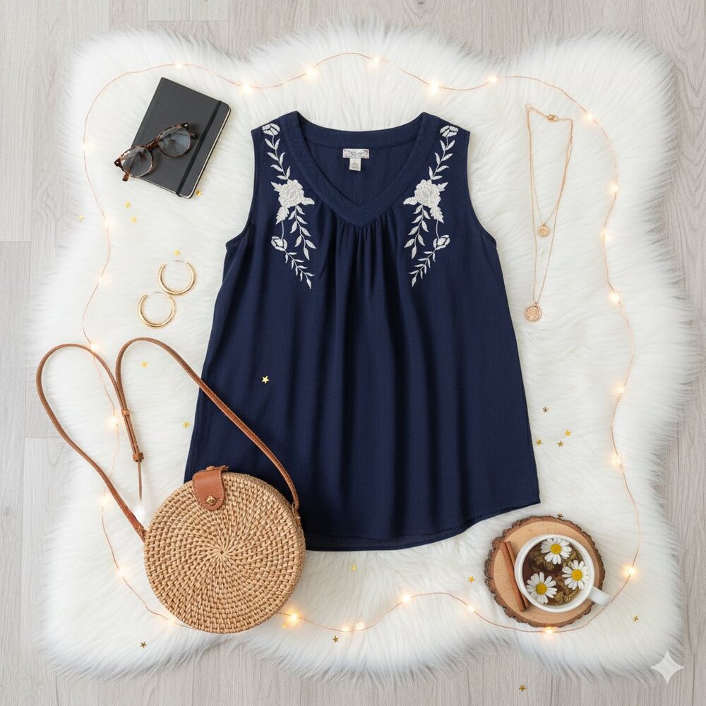 Studio West Navy Blue Embroidered Sleeveless Boho Blouse Women’s Size S - Picture 2 of 7